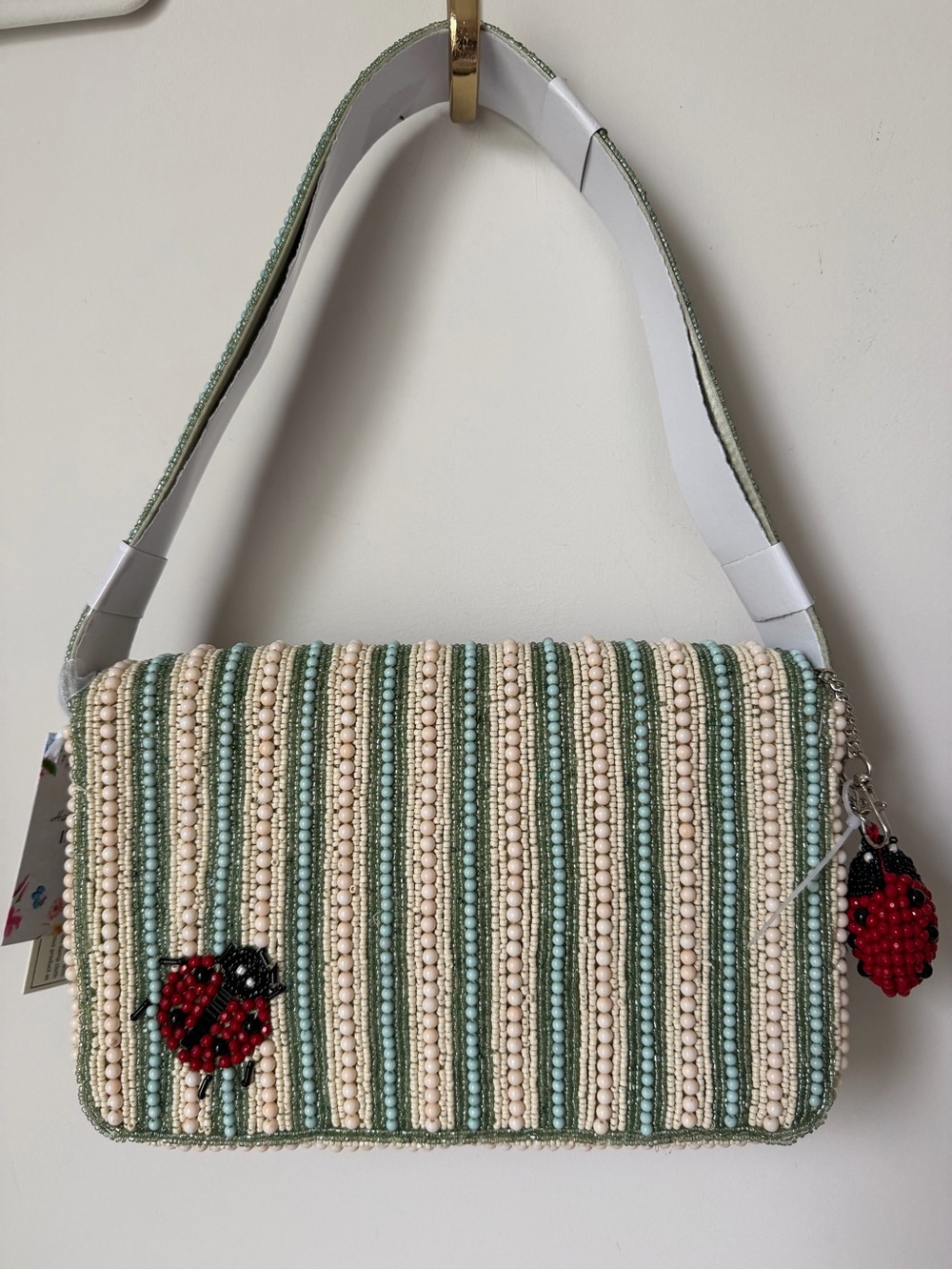 Viral Beaded Ladybug striped Shoulder Bag in green and Cream - Picture 7 of 7